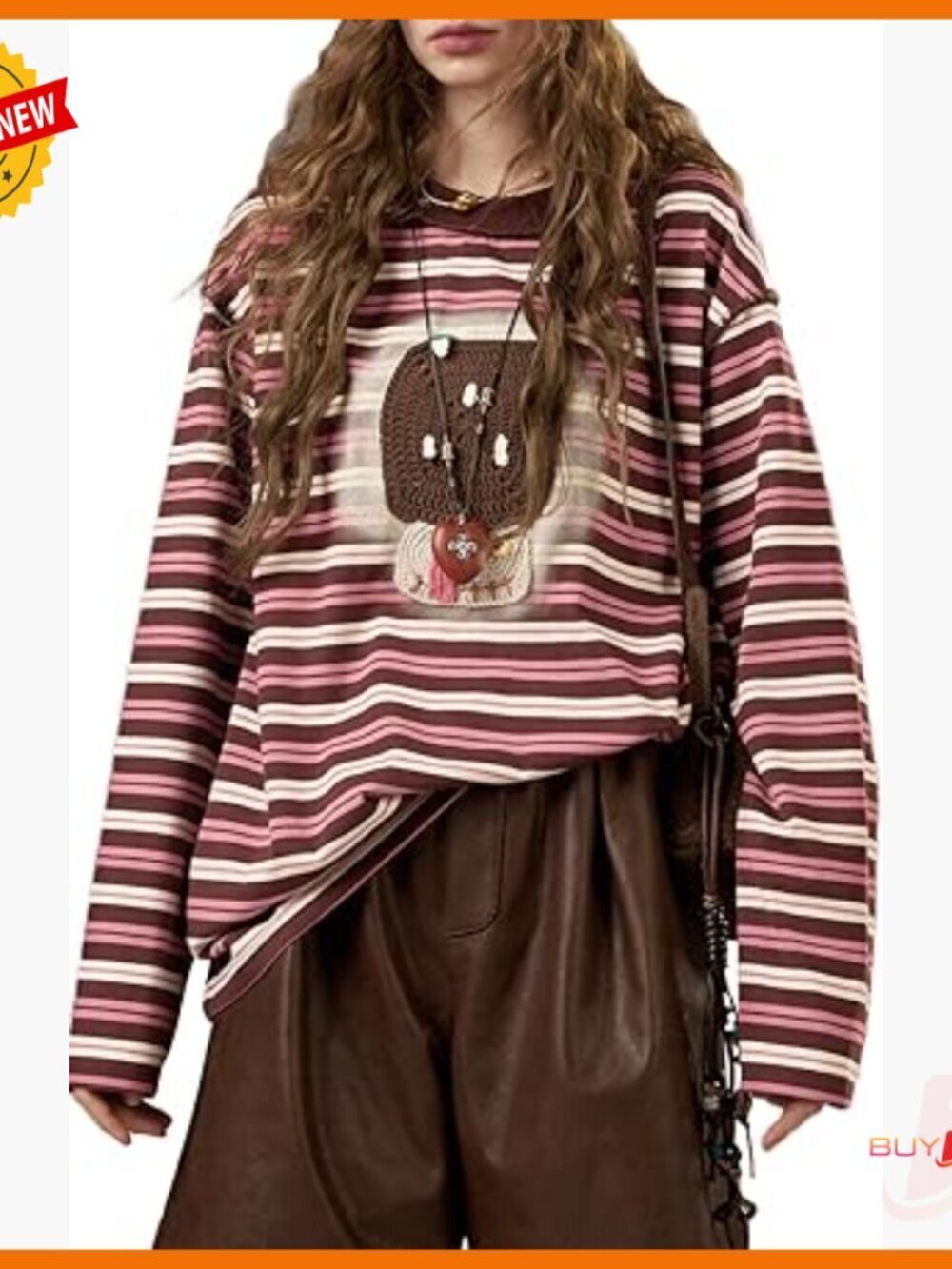 Oversized Striped Long Sleeve Tee with Exposed Seams and Quirky Patch